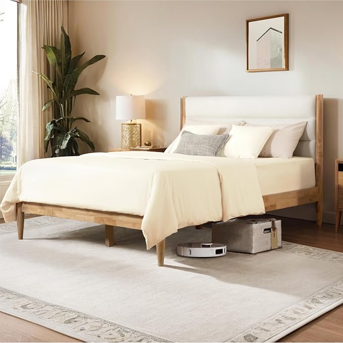 KISLOT Wood Bed Frame with Upholstered Headboard, Cream, Queen | Wooden Platform, Silent Slat Support, Mattress Foundation, No Box Spring Needed, Easy Assembly