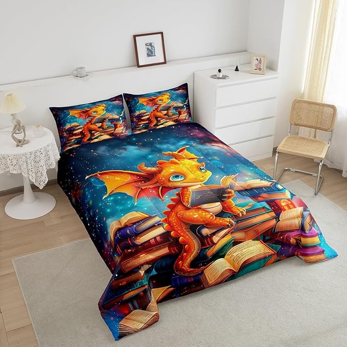 Cartoon Dragon Comforter Set Queen Size,Glitter Star Galaxy Nebula Bedding Set for Kids Boys Girls Room Decor,Magical Book Pattern Duvet Insert 3Pcs,Wild Animal Outer Space Quilt Set,2 Pillowcases