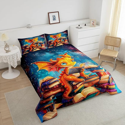 Cartoon Dragon Comforter Set Queen Size,Glitter Star Galaxy Nebula Bedding Set for Kids Boys Girls Room Decor,Magical Book Pattern Duvet Insert 3Pcs,Wild Animal Outer Space Quilt Set,2 Pillowcases