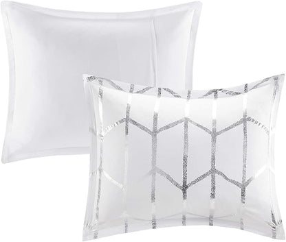 Intelligent Design Raina King/Cal King Comforter Set, Soft Microfiber, Modern Geometric Metallic Bed Set, 5 Pieces College Bedding with 2 Shams, 2 Toss Pillows White/Silver