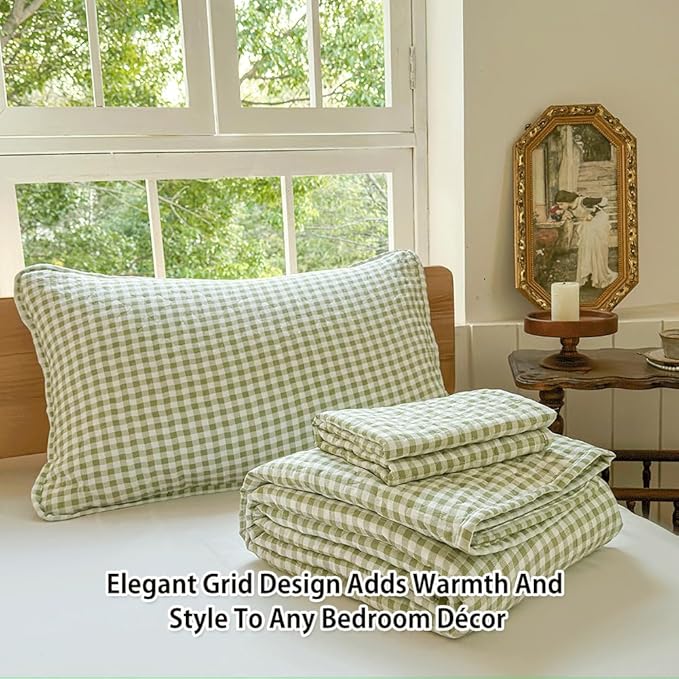 Sage Green Gingham Queen Quilt Set, Soft Pre-washed Microfiber Green Plaid Queen Bedspread, Lightweight Checked Summer Quilt, Grid Bedding Coverlets for All Seasons (Includes 1 Quilt, 2 Pillow Shams)