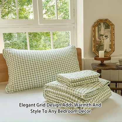 Sage Green Gingham Queen Quilt Set, Soft Pre-washed Microfiber Green Plaid Queen Bedspread, Lightweight Checked Summer Quilt, Grid Bedding Coverlets for All Seasons (Includes 1 Quilt, 2 Pillow Shams)