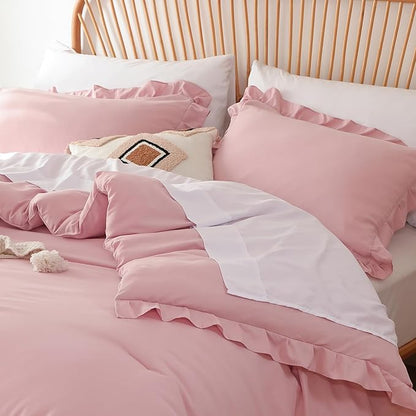 JANZAA Twin Comforter Set Baby Pink Ruffle Comforter with 1 Pillowcase Soft Twin Size Bed Set Vintage Farmhouse Bed Comforter Set Fluffy Shabby Chic Bedding for All Season