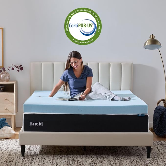 Lucid 4 Inch Memory Foam Mattress Topper, King Size – Cooling Gel Bed Topper – Preassure-Relieving Ultra Plush Feel – Ventilated Breathable Design – CertiPur Certified - Dorm Room Essentials