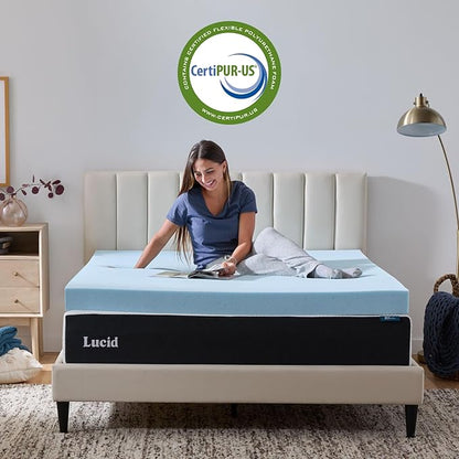 Lucid 4 Inch Memory Foam Mattress Topper, Twin XL Size – Cooling Gel Bed Topper – Preassure-Relieving Ultra Plush Feel – Ventilated Breathable Design – CertiPur Certified - Dorm Room Essentials