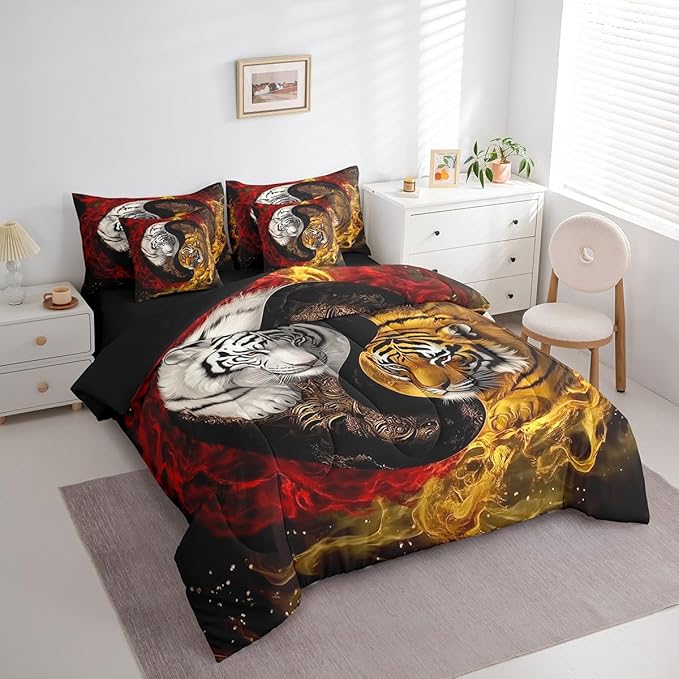 Feelyou Tiger Comforter Set 7 Pieces Full Size Yin Yang Boho Trippy Bedding Set for Boys Girls Wildlife Bed in a Bag with Comforter, Sheets, Pillowcases & Cushion Covers