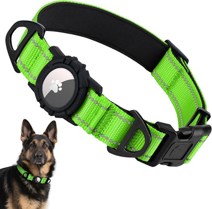 Taglory AirTag Dog Collar with Waterproof Holder for Large Dogs, Green, XL | Reflective for Night Walks & Low-Light Safety, Track Your Pup Peace of Mind, Adjustable Soft Padded, No More Dangling Tags