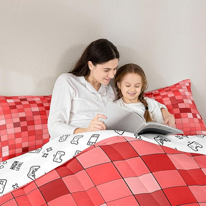 Pixelated Comforter Set King Size,Patchwork Grid Video Games Kids Bedding Set,Miners Lattice Simple Quilt Comforter,Red Duvet Insert,2 Pillowcases