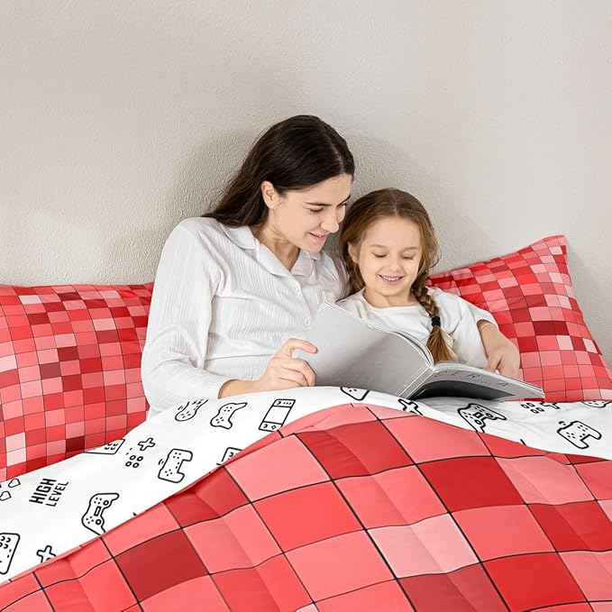 Manfei Pixelated Kids Comforter Set Twin Size,Patchwork Grid Video Games Bedding Set Boys Girls Room Decor,Miners Lattice Simple Quilt Comforter,Red Duvet Set Bedroom Quilt Set,1 Pillowcase