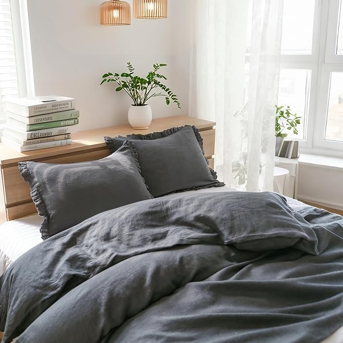 Simple&Opulence 100% Linen Duvet Cover Set, 3 PCS Natural French Flax Dark Grey Ruffle Duvet Cover Queen Size, Breathable Comfy Linen Bedding Comforter Cover with 2 Pillowcases (Dark Grey, 88" X 92")