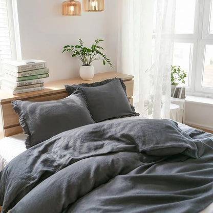 Simple&Opulence 100% Linen Duvet Cover Set, 3 PCS Natural French Flax Dark Grey Ruffle Duvet Cover King Size, Breathable Comfy Linen Bedding Comforter Cover with 2 Pillowcases (Dark Grey, 104" X 92")
