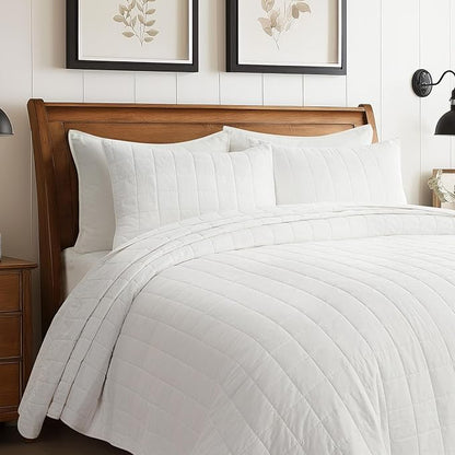 EVERGRACEHOME 100% Cotton Box Stitch Quilt Bedding Set King Size 3 Pieces, Garment-Washed Lightweight Soft Cozy Coverlet, Oversized Quilted Bedspread Sets with 2 Shams for All Season, Bright White
