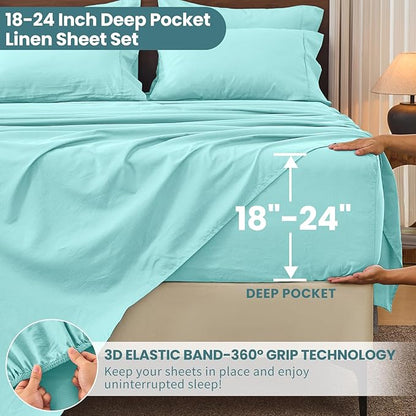 Bedlifes 100% French Linen Sheets Queen Size 18-24”Extra Deep Pocket 4-Piece Set Breathable & Moisture-Wicking,Soft & Durable Sheets for Thick Mattresses(Teal)