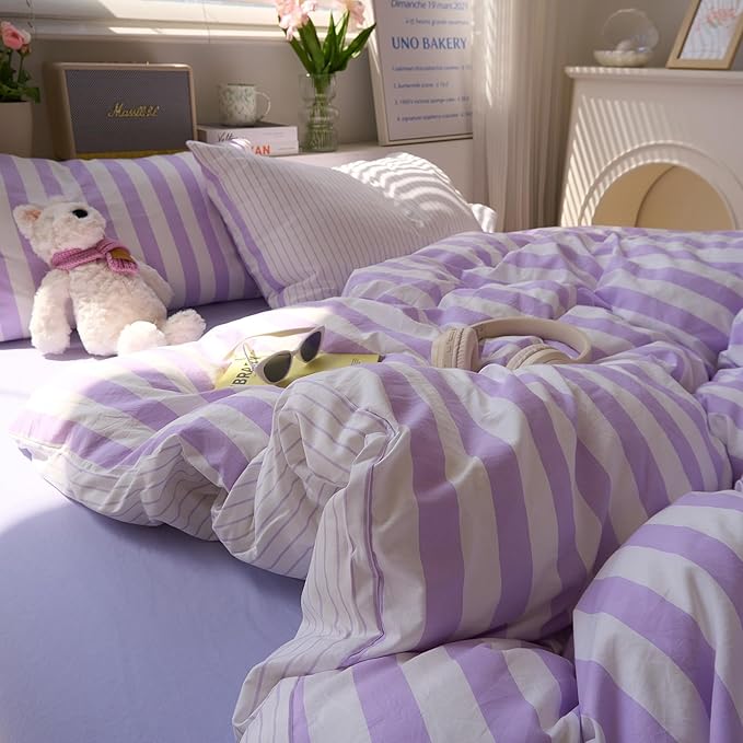 EAVD Farmhouse Purple Striped Duvet Cover Twin XL Soft Washed Microfiber Pink White Vertical Striped Bedding Set with 2 Pillowcases Modern Geometric Pattern Duvet Cover with Zipper Closure