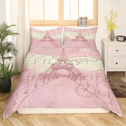 Castle Fairy Eiffel Tower Bedding Set Retro Paris Style Duvet Cover Set Vintage Cityscape Comforter Cover Girls Women Landmark Bedspread Cover Bedroom Quilt Cover Full with 2 Pillowcase,No Comforter