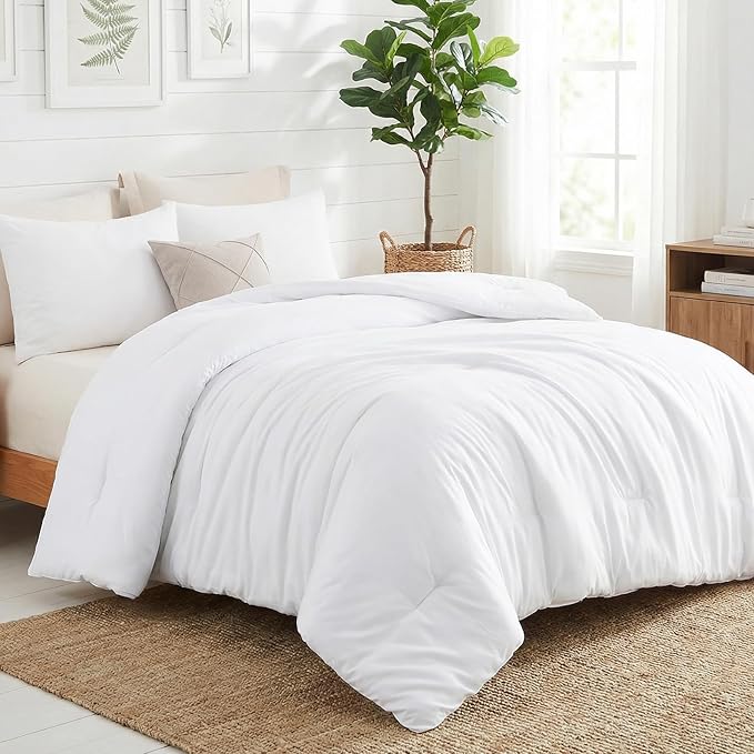 CozyLux White Queen Comforter Set, 3 Pieces Solid Breathable Quilted Boho Style Bedding Sets, Luxury Fluffy Soft Bed Set with Down Alternative Comforter for All Season (1 Comforter & 2 Pillowcases)