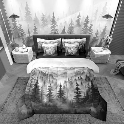 Erosebridal Grey Forest King Comforter Set 7 Piece Rustic Woodland Pine Tree Bedding Set for Kids Boys Adults Men,Jungle Smoky Mountain Bed in A Bag Retro Natural Landscape Sheet Set with Comforter