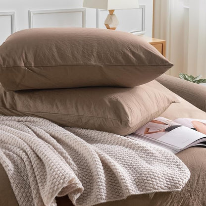 NEXHOME PRO 100% Washed Cotton Duvet Cover King Size, Ogranic Natural Linen Feel Breathable Bedding Set with Zipper Closure, 3 Pieces Duvet Cover Set Toffee (No Comfortert) 10490