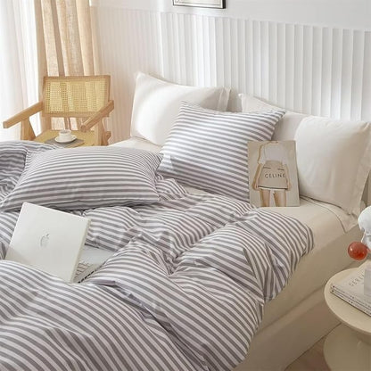 LifeTB Queen Comforter Set Grey White Stripes Comforter 3 Pieces Fluffy Soft Lightweight Bedding Comforter for All Season Down Alternative Comforter Boho Farmhouse Bedding Striped Comforter Set