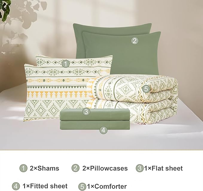 Geniospin King Size Comforter Set- 7 Pieces Boho Bed in a Bag, Western Bedding Set for All Seasons, Reversible Aztec Bedding, Lightweight Comforter Bed Set with Sheets, Pillowcases & Shams