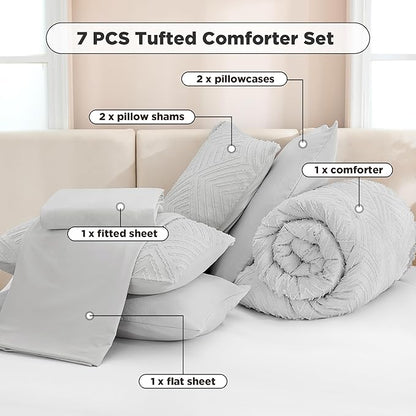 Andency California King Size Comforter Set with Sheets Light Grey - 7 Pieces Bed in a Bag Cal King Boho Tufted Lightweight Bedding Sets with Comforter, Sheets, Pillowcases & Shams