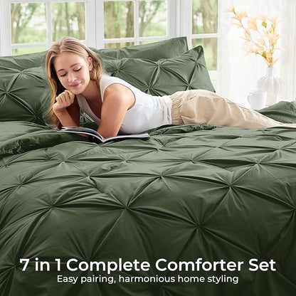 Sasttie Queen Comforter Set, 7-Piece Bed in a Bag, Pintuck Bedding Set for All Season, Includes Comforter, Flat Sheet, Fitted Sheet, Pillowcases and Pillowshams, Dark Green