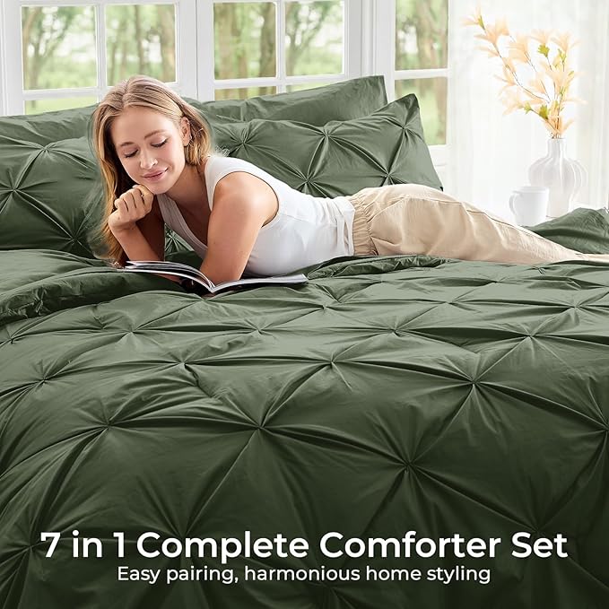 Sasttie California King Comforter Set, 7-Piece Bed in a Bag, Pintuck Bedding Sets for All Season, Includes Comforter, Flat Sheet, Fitted Sheet, Pillowcases and Pillowshams, Dark Green