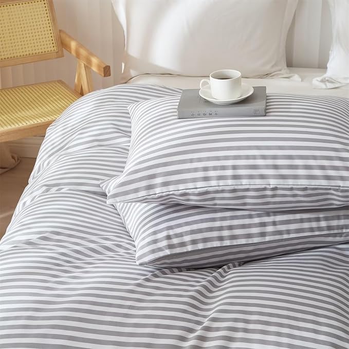 mixinni Striped Comforter Set Full Size - Grey White Stripes Pattern Bedding Set for Women and Men, 3 Pieces Lightweight Bed Sets for All Seasons (1 Soft Fluffy Comforter + 2 Pillowcases)