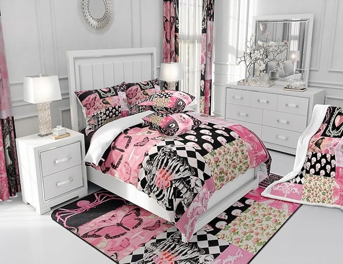 Halloween Crow Comforter Set Queen Size,Suger Skull Rose Flowers Spider Print Bedding Set,Patchwork Pink Black Grid Striped Quilt Set,Gothic Boho Duvet Insert Kids Girls Teens Halloween Decor