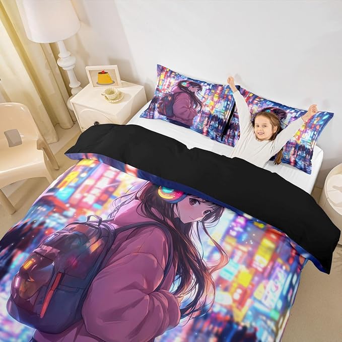 Erosebridal Cool Anime Girl Down Comforter Japanese Style Kids Queen Comforter Set 3D Cartoon Girly Anime Bedding Set Sci Fi Style Gaming Bed Set Room Decor 3 Pcs