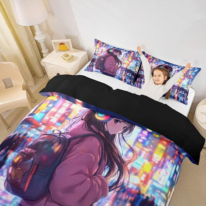 Erosebridal Cool Anime Girl Twin Down Comforter Japanese Style Kids Comforter Set 3D Cartoon Girly Anime Bedding Set Sci Fi Style Gaming Bed Set Room Decor 2 Pcs