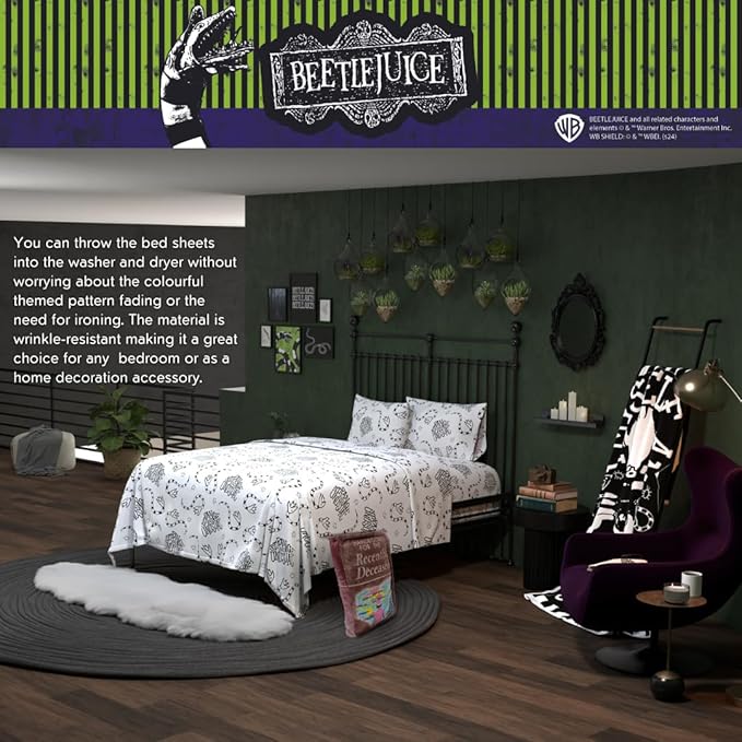 Franco Collectibles Beetlejuice Halloween Bedding Super Soft Microfiber Queen Sheet Set, College Dorm Essentials, (Officially Licensed Product)