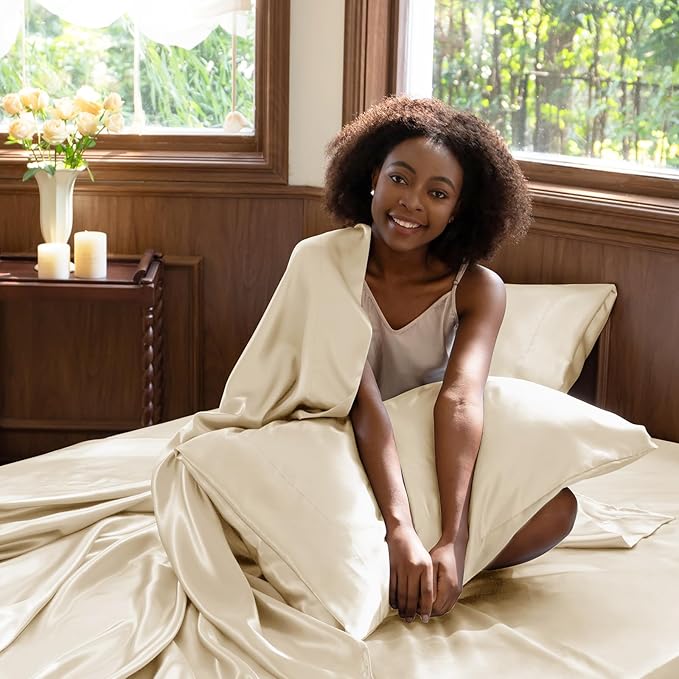 CozyLux Satin Sheets King Size Sheet Set - 6 Piece Silky King Sheets, Luxury Champagne King Bed Set with Smooth and Soft Microfiber, Includes 1 Fitted Sheet, 1 Flat Sheet and 4 Pillowcases