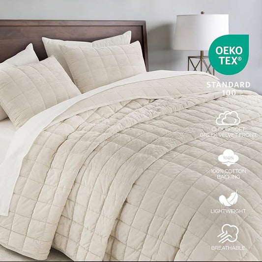 Oversized King Greek Velvet Quilt Set, 3× Softer Luxe Sheen, 100% Cotton Backing, 150GSM Down-Alternative Fill, Extra-Wide 112×106" Hotel-Style Luxury Coverage (1 Quilt + 2 Pillow Shams),Whisper White
