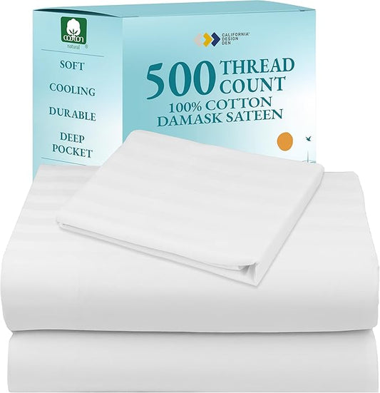 California Design Den Twin XL Size Sheet Set - 100% Cotton 500 Thread Count Sateen, Deep Pocket Bed Sheets with All Around Elastic, Soft Luxury - Striped White