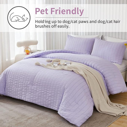 AveLom Lavender Purple Seersucker Full Comforter Set(80x90 inches), 3 Pieces-100% Soft Washed Microfiber Lightweight Comforter with 2 Pillowcases, All Season Down Alternative Comforter Set for Bedding