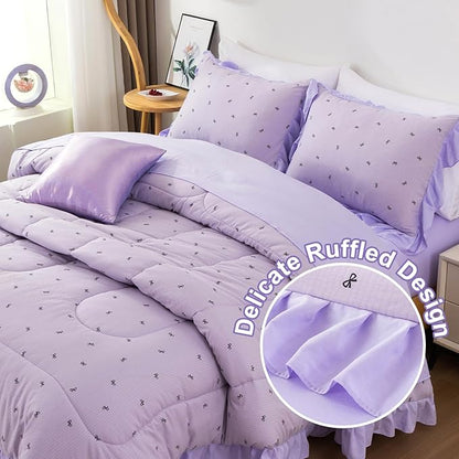 A Nice Night Delicate Bows Print On Purple Background Bedding Set,Ruffle 6 Piece Bed in a Bag Matching Sheet Set,Princess Style Chic Bowknot Printed,Twin