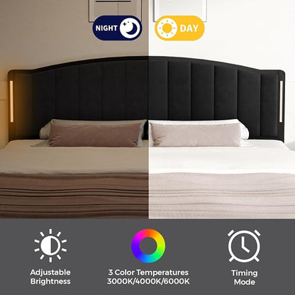 Headboard for King Size Bed with LED Lights, Upholstered Vertical Channel Tufting Head Boards, Velvet Headboard Only, Study & Comfortable, Ideal for Bedroom, Dorm, Guest Room, Black