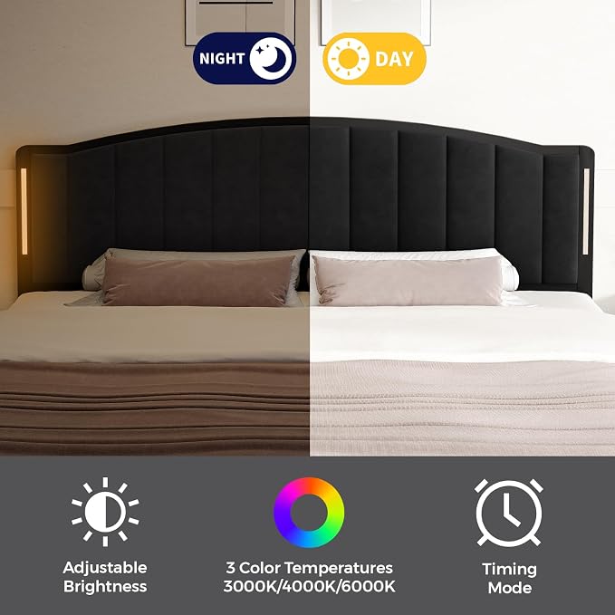Headboard for Queen Size Bed with LED Lights, Upholstered Vertical Channel Tufting Head Boards, Velvet Headboard Only, Attach Frame, Ideal for Bedroom, Dorm, Guest Room, Black