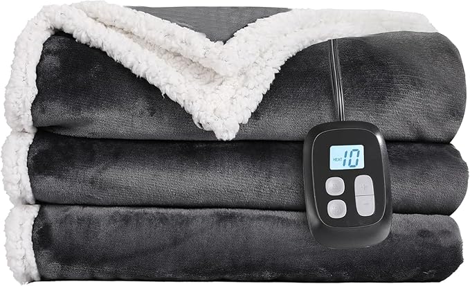 Electric Heated Blanket Twin Size 62" x 84", Dual-Sided Flannel Sherpa, LCD Display 10 Heat Levels 1-12H Auto-Off, ETL Certified Machine Washable for Bed & Couch, Iron Gray