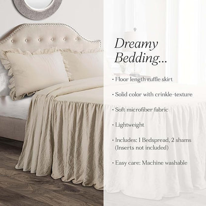 Lush Decor Ruffle Skirt Bedspread Set - 3-Piece Luxurious Farmhouse Bedding - Elegant Ruffle Detail - Timeless Style - Soft Lightweight Sheets - King, Neutral