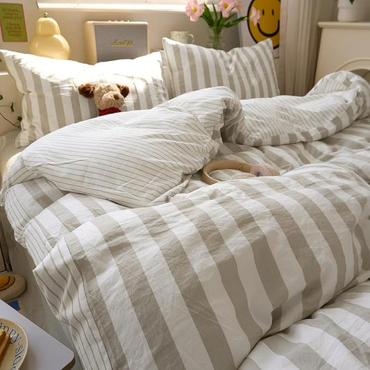 Tan Striped Queen Comforter Set Fluffy Down Alternative Bedding Set Light Brown Boho Cozy Cute Bedding Comforter Sets Soft All Season Farmhouse Breathable Bed Comforter with 2 Pillowcases