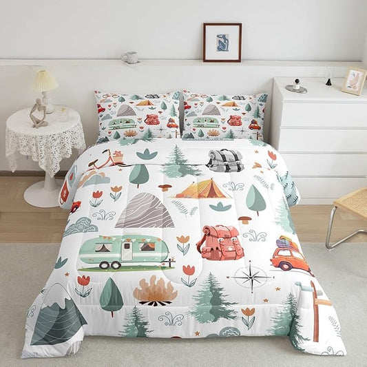 Kids Camper Theme Comforter Set Full 3Pcs, Happy Camping Bedding for Toddler, Travel Car Rv Accessories Down Comforter, Botanical Flowers Mountain Adventure Quilt, Cute Camper Duvet Set Room Decor