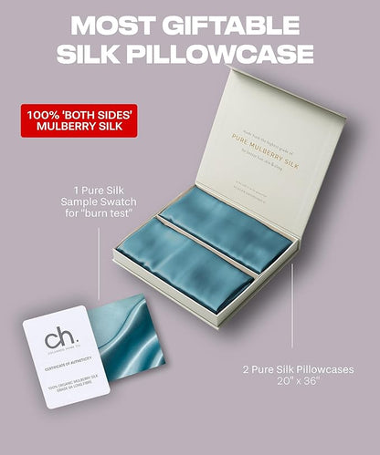 Colorado Home Co 22 Momme Real Silk Pillowcase, Mineral Blue, 2 Pack King Pillowcase, 20" x 36"