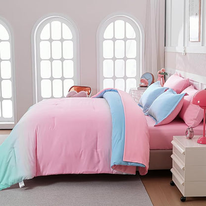 Drucon Comforter Set Queen Size for Teen Girl & Women,7 Pieces Bed in A Bag Gradient Pink Green Bedding Set (1 Comforter, 1 Flat Sheet, 1 Fitted Sheet, 2 Pillow Shams, 2 Pillowcases)