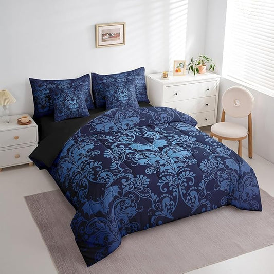 Erosebridal Gothic Damask Bed in a Bag King Size Comforter Set 7 Pieces,Halloween Bat Bedding Sets Blue Victorian Floral Goth Sheet Set with Comforter
