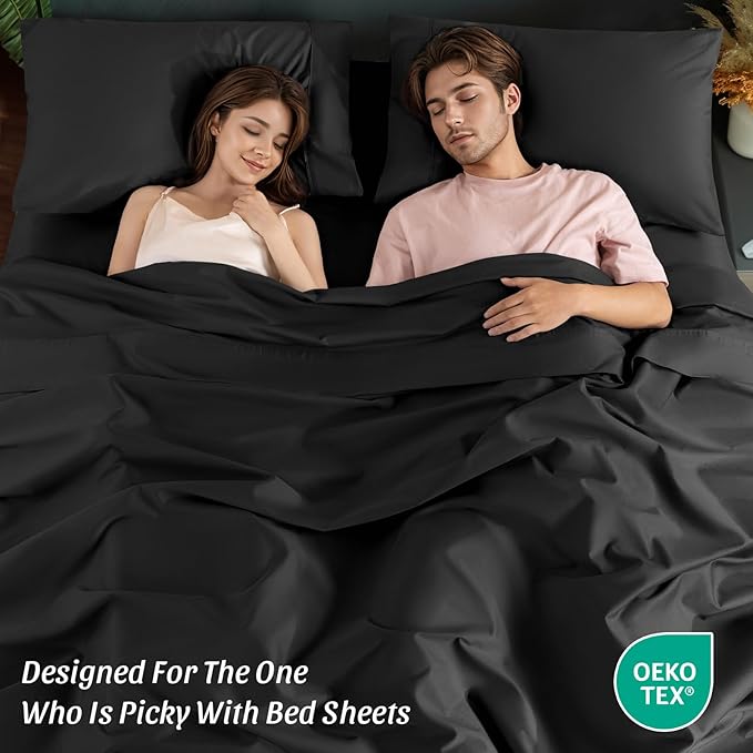 100% Egyptian Cotton Sheets 1200 Thread Count Queen Size Bedding Sets 4 Pcs, Fitted Sheet Up to 16" Deep Breathable All Seasons (Queen, Black)
