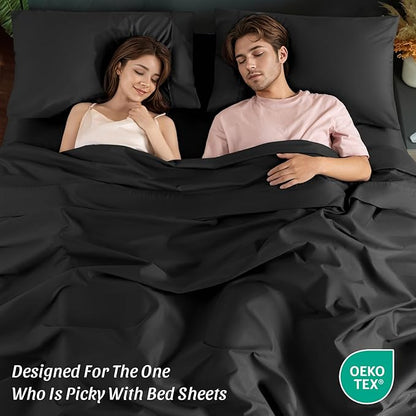 100% Egyptian Cotton Sheets 1200 Thread Count Queen Size Bedding Sets 4 Pcs, Fitted Sheet Up to 16" Deep Breathable All Seasons (Queen, Black)