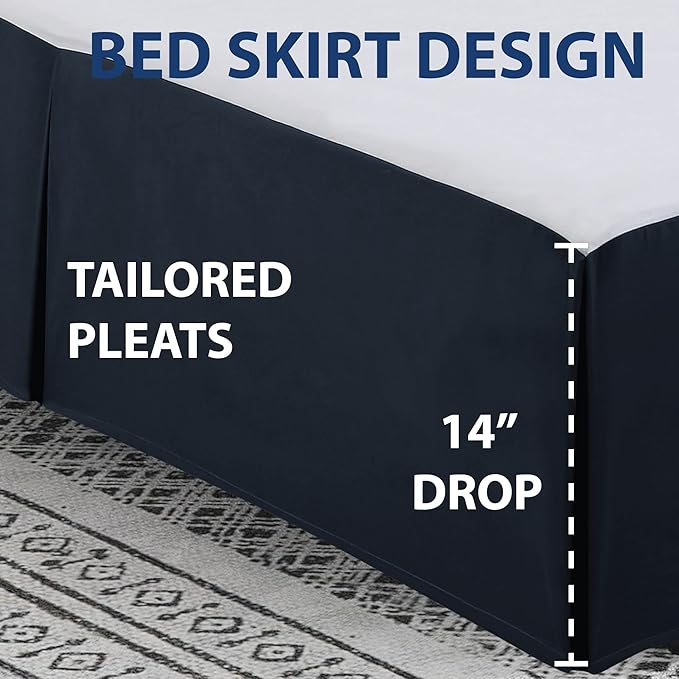 Cathay Home Double Brushed Microfiber Pleated Easy Fit Bed Skirt, Ultra Soft, Fade and Wrinkle Resistant - Navy, Twin