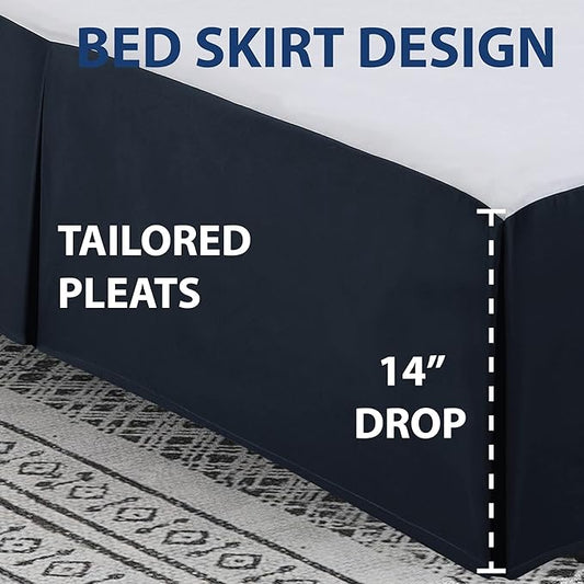 Cathay Home Double Brushed Microfiber Pleated Easy Fit Bed Skirt, Ultra Soft, Fade and Wrinkle Resistant - Navy, Queen